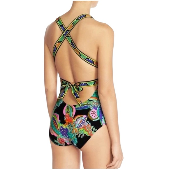 Trina Turk Sea Garden Floral Print One Piece Swimsuit Size 6 Plunge Black Multi - Picture 2 of 8